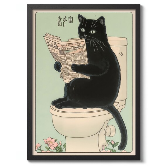Black Cat Reading Newspaper While Sitting On The Toilet Woodblock Poster