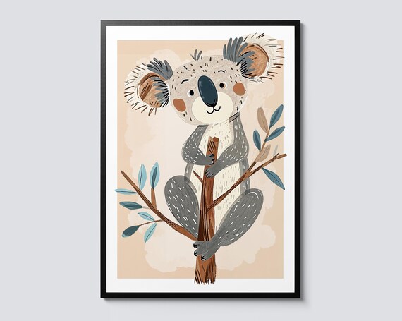 Cute Koala Nursery Portrait Print with Eucalyptus Branch Art