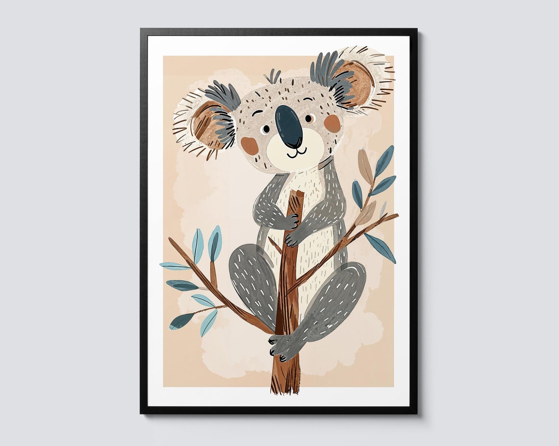 Cute Koala Nursery Portrait Print with Eucalyptus Branch Art