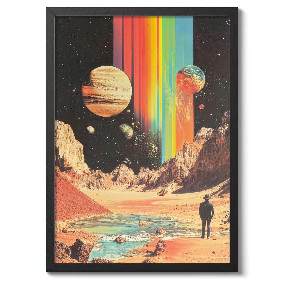 Rainbow Space Beams Over Desert Valley with Planets Sci-Fi Wall Art