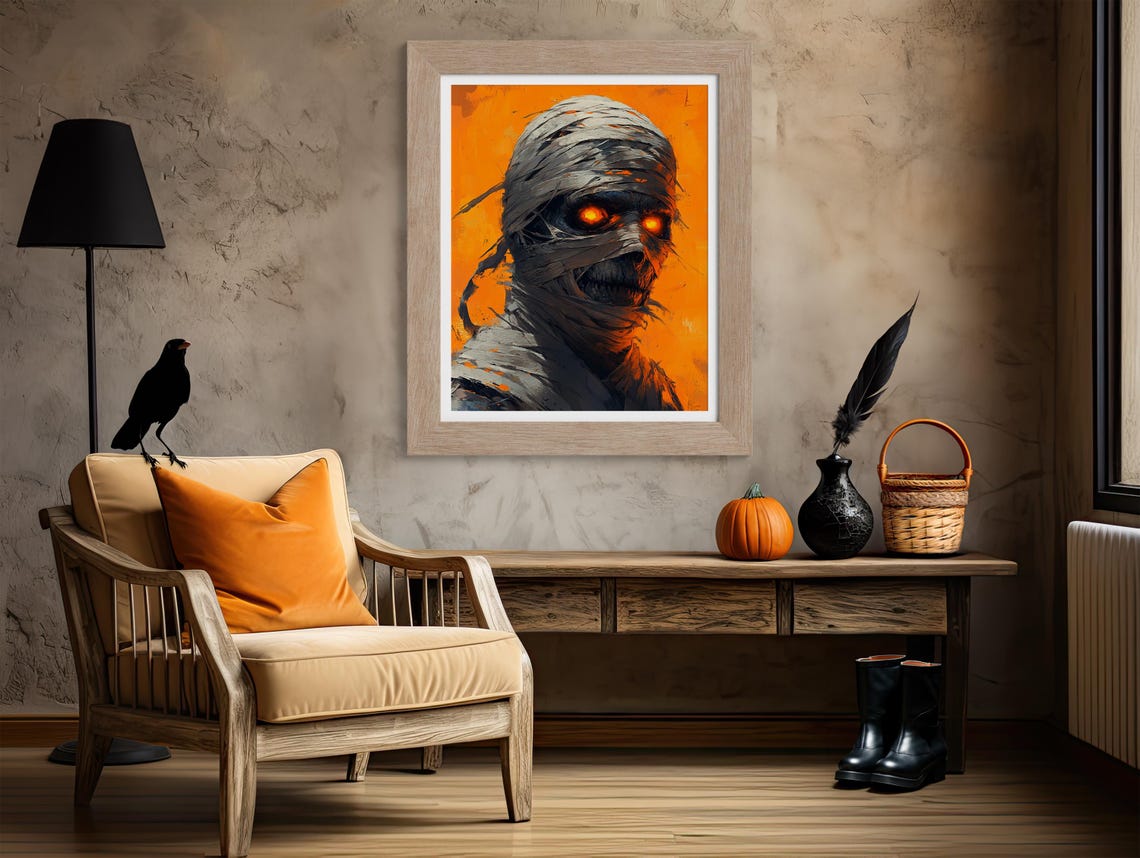 Mummy With Glowing Orange Eyes On Fiery Background Halloween Poster - Image 4