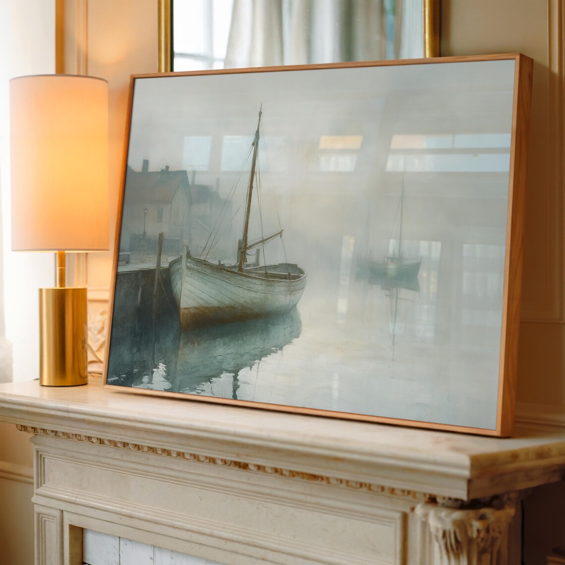 Misty Harbor Wooden Boats Moody Nautical Coastal Painting Poster - Image 3