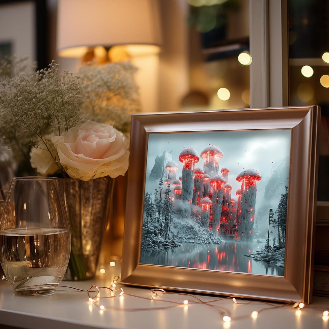 Futuristic Mushroom Tower City Glowing Red In Snowy Winter Art Poster - Image 3