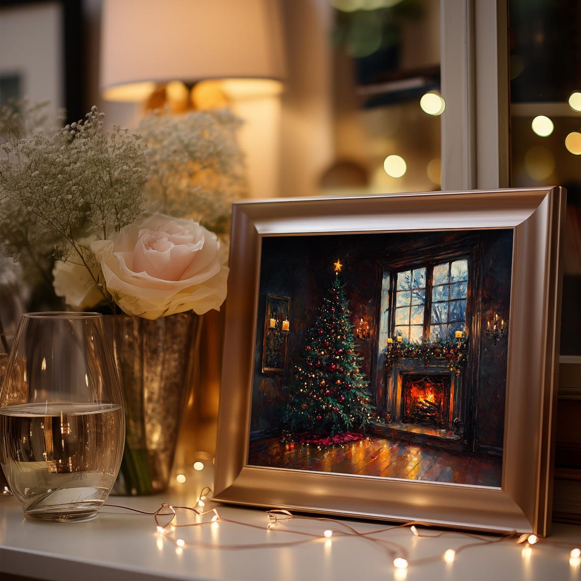 Christmas Tree by a Crackling Fireplace on a Snowy Night Poster - Image 3