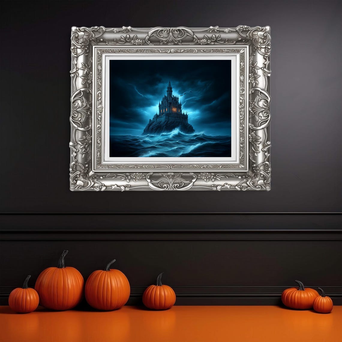 Gothic Castle on a Rocky Island in a Stormy Sea Lightning Night Poster - Image 3