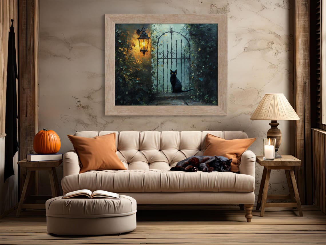 Black Cat By Iron Garden Gate Under Glowing Lantern Night Poster - Image 2