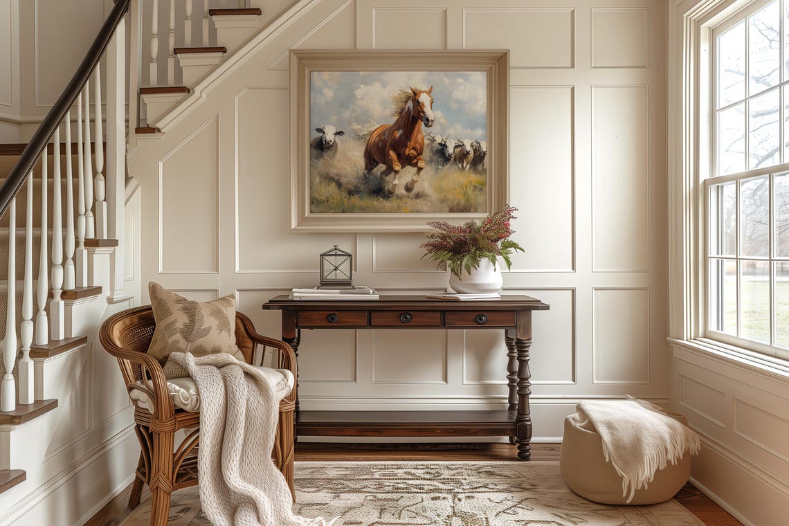 Chestnut Horse Galloping Beside Cattle Western Ranch Action Poster - Image 2