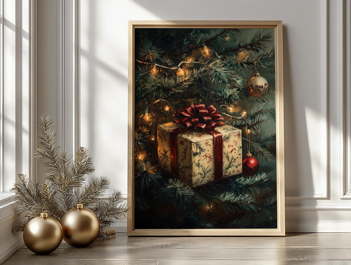 Christmas Gift Under Tree Festive Holiday Oil Painting Poster - Image 2