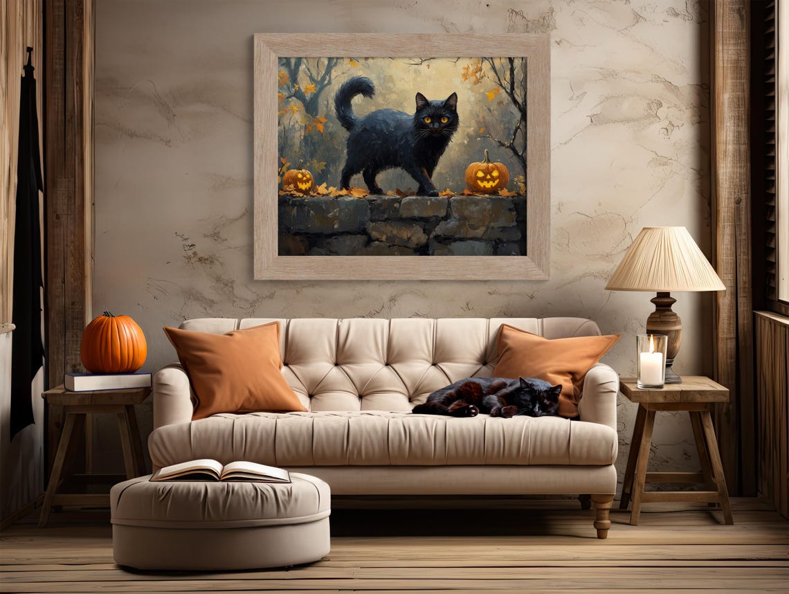 Black Cat On Stone Wall Between Two Jack O Lanterns Halloween Poster - Image 2
