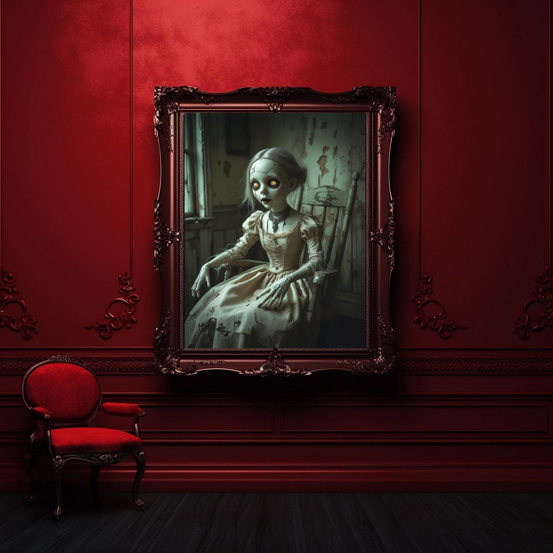 Cracked Porcelain Doll With Glowing Eyes Haunted Room Halloween Poster - Image 3