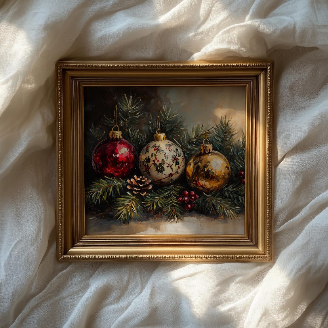 Vintage Christmas Ornaments Still Life on Pine Branches Poster - Image 2