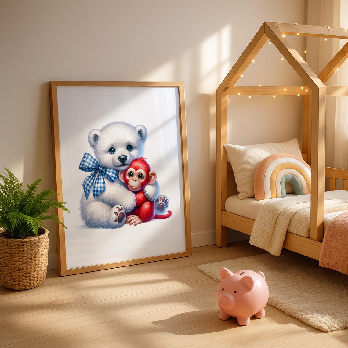 White Polar Bear Cub With Red Monkey Adorable Nursery Poster - Image 3