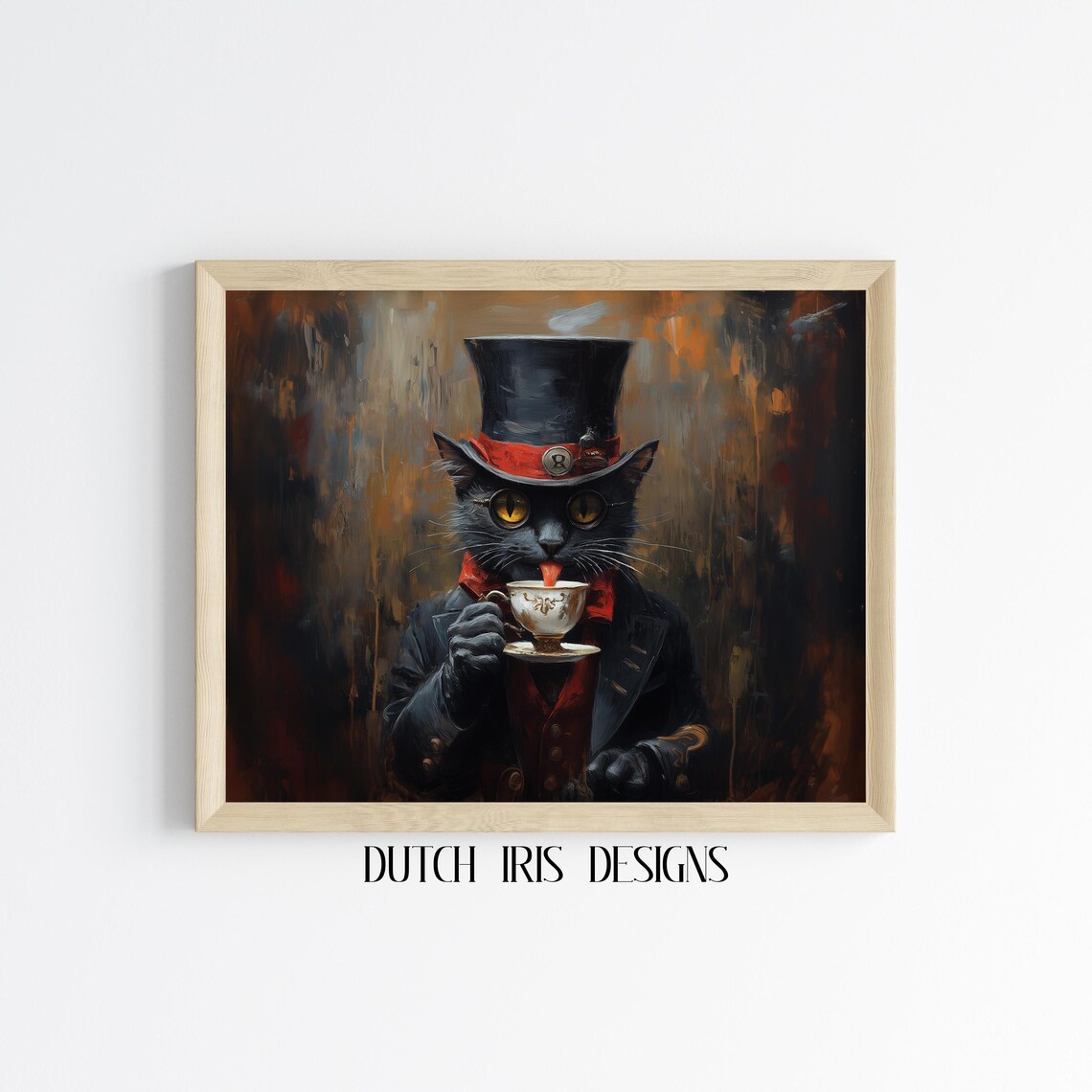 Dapper Black Cat In Top Hat Holding Teacup Vintage Style Art Poster