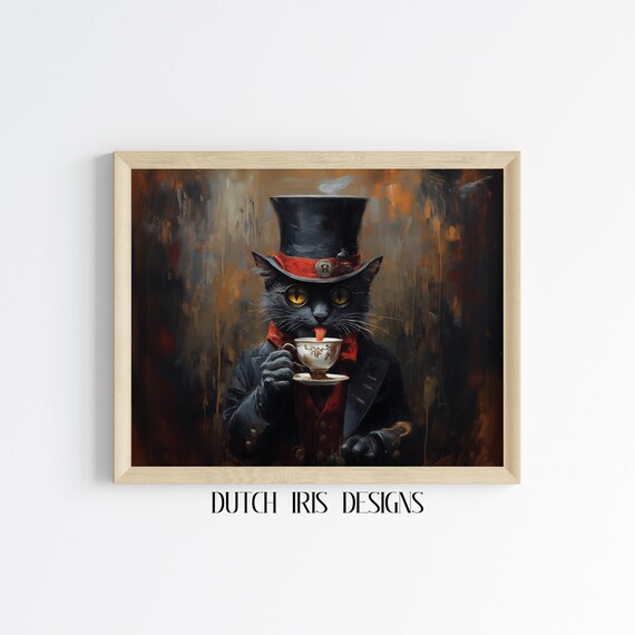 Dapper Black Cat In Top Hat Holding Teacup Vintage Style Art Poster