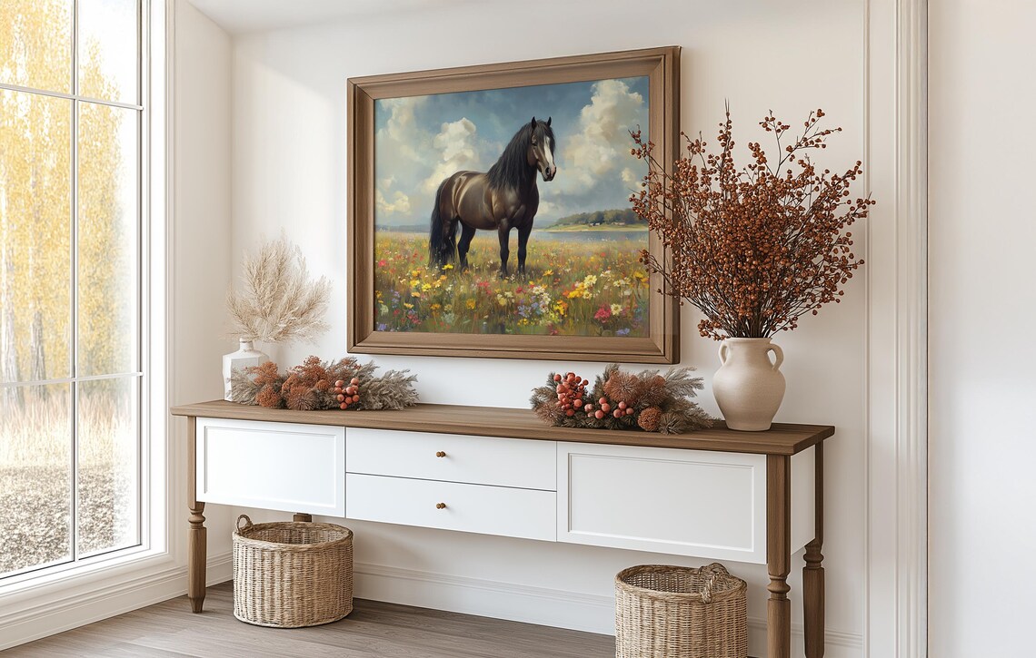 Dark Bay Horse In Wildflower Meadow By Quiet Lake Country Poster - Image 3