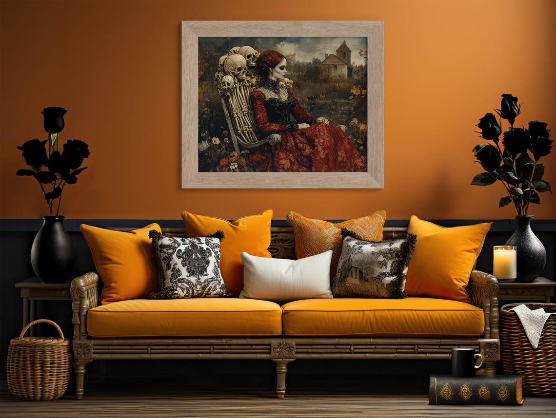 Gothic Lady In Red Gown Seated On Skull Throne Dark Romance Art Poster - Image 2