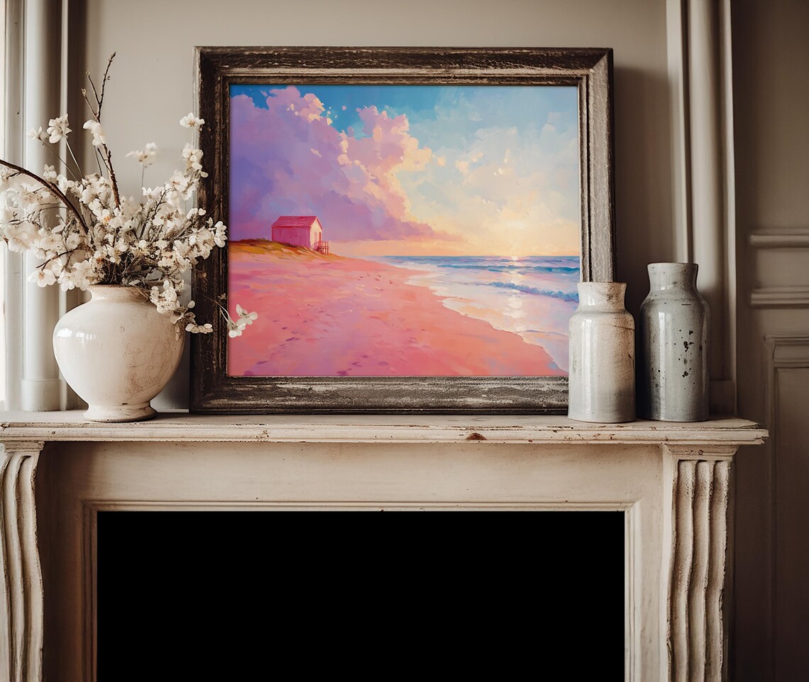 Pink Beach Sunrise With Little Hut Dreamy Coastal Seascape Poster - Image 4