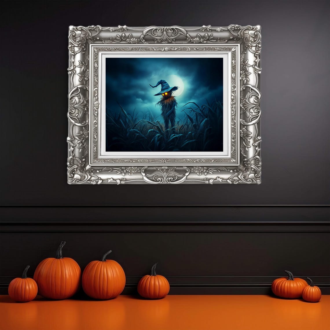 Creepy Scarecrow with Glowing Eyes in a Moonlit Cornfield Night Poster - Image 3