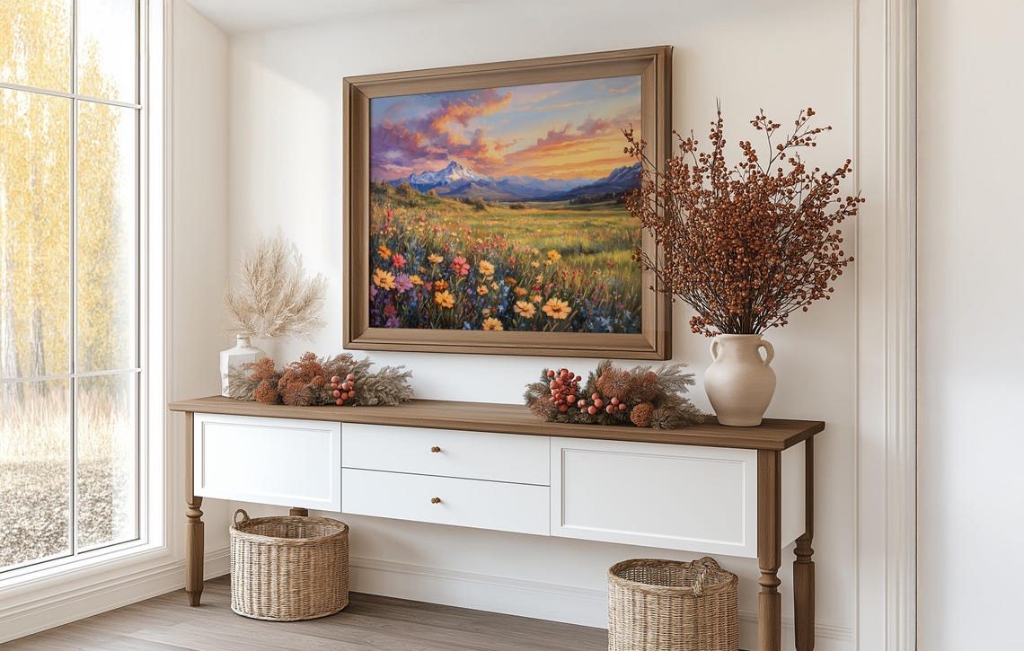 Wildflower Meadow At Sunrise With Snow Capped Mountain Peaks Poster - Image 3