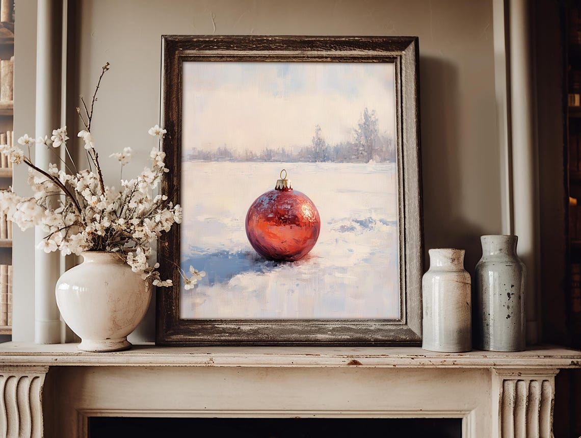 Red Christmas Ornament Resting In Snow Vintage Winter Holiday Poster - Image 3
