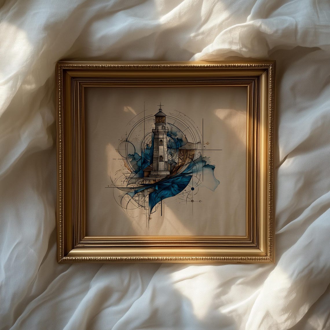 Lighthouse With Blue Waves Circular Blueprint Nautical Poster - Image 2