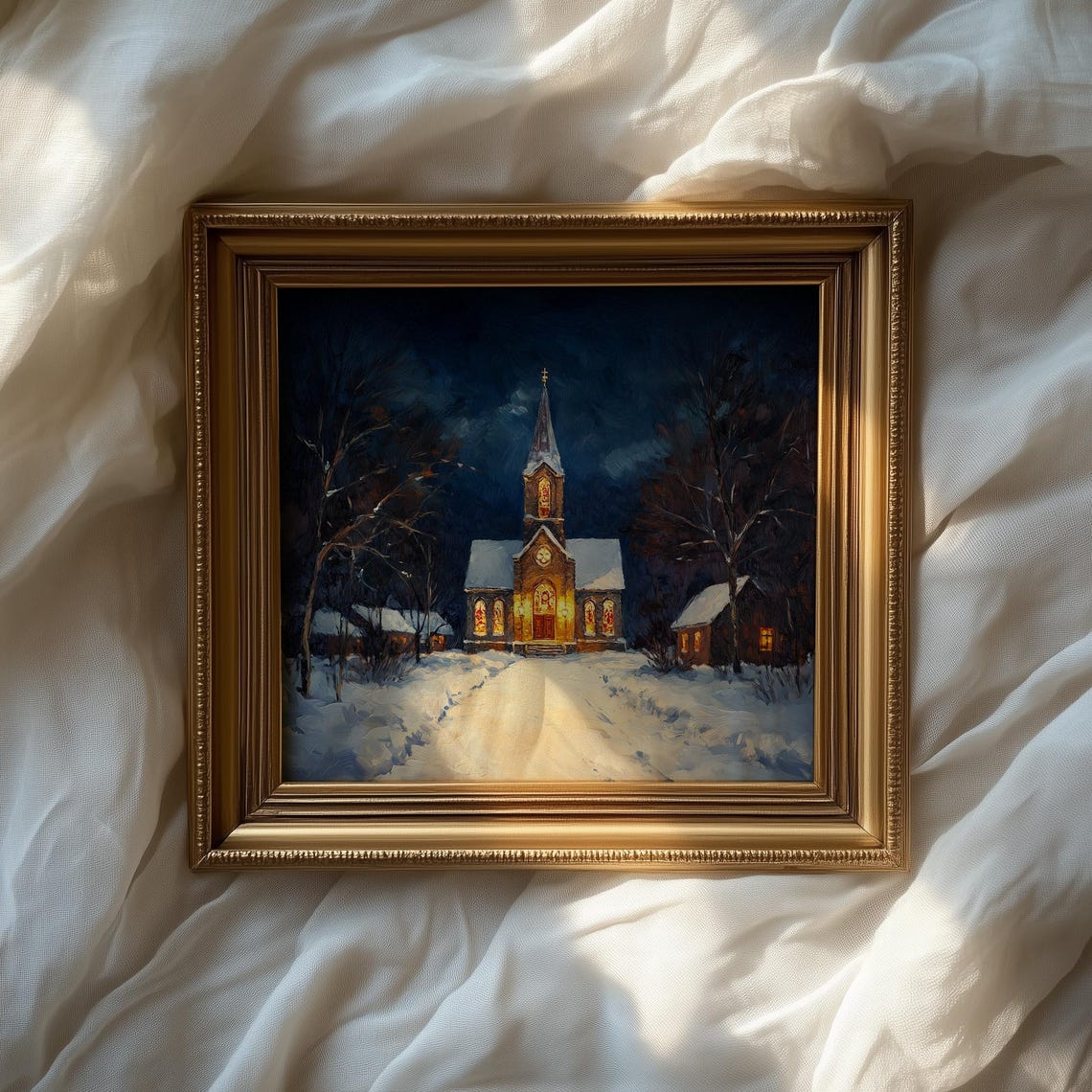 Snow Covered Church Glowing Warm at Night in a Winter Forest Poster - Image 2