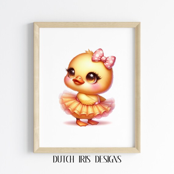 Cute Baby Chick In Yellow Tutu With Pink Polka Dot Bow Nursery Art Poster