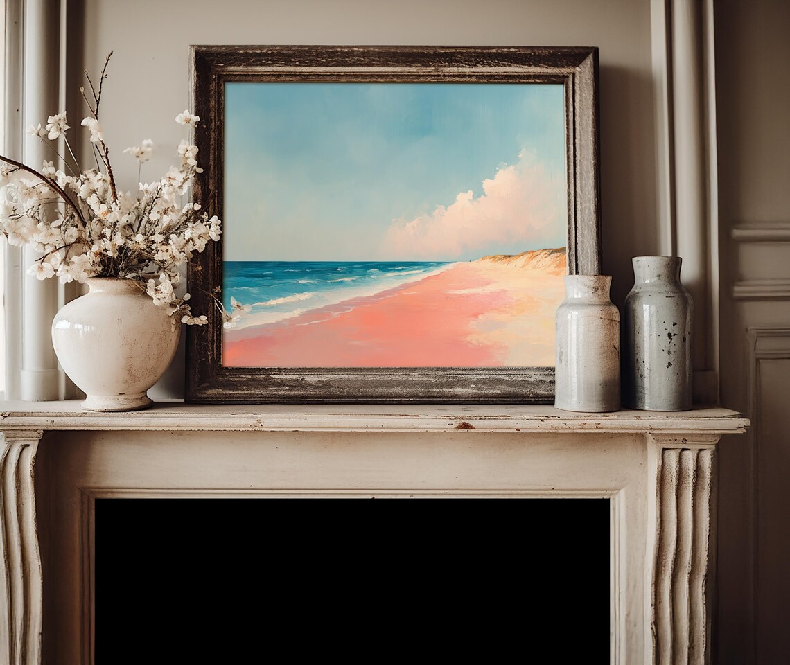 Pastel Pink Beach With Turquoise Sea Dreamy Coastal Oil Painting Poster - Image 4