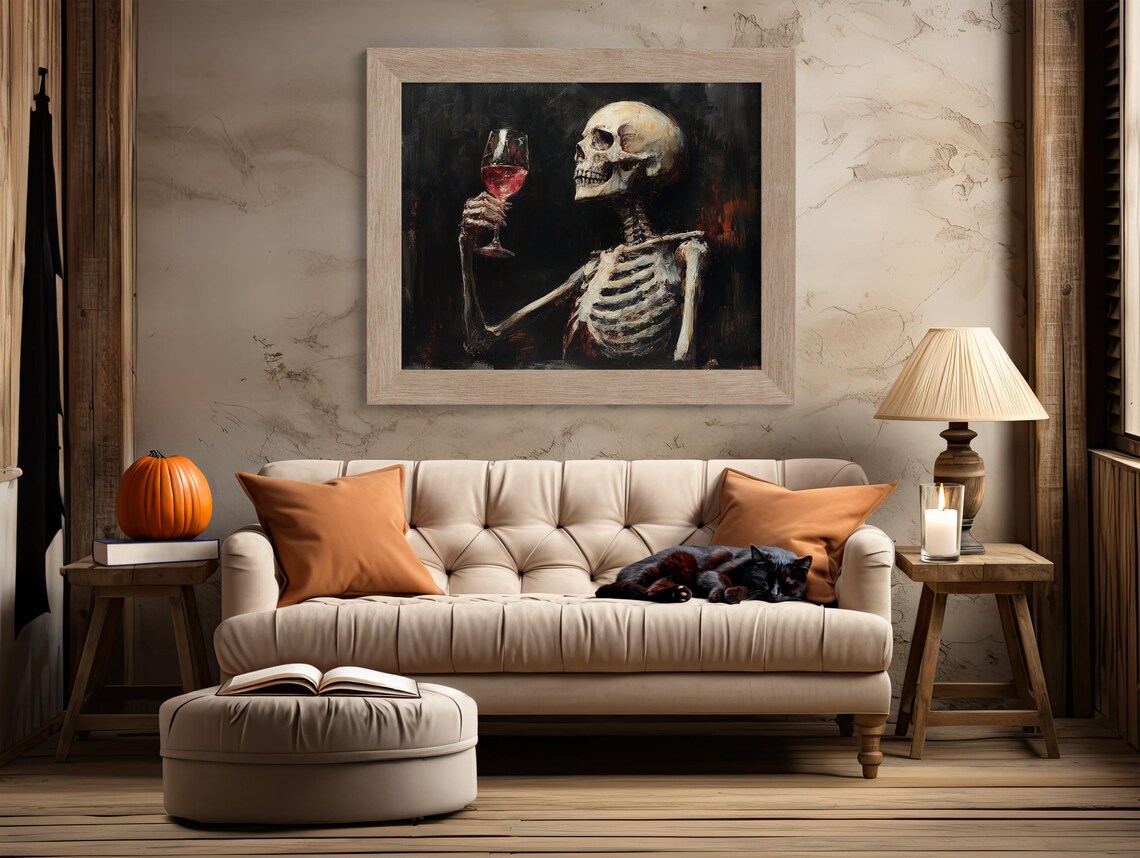 Gothic Skeleton Raising A Glass Of Red Wine Dark Oil Painting Art Poster - Image 2