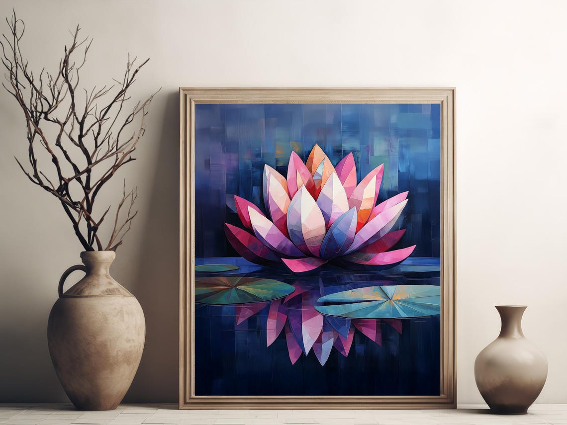 Geometric Pink Water Lily On Midnight Blue Pond Floral Poster - Image 3