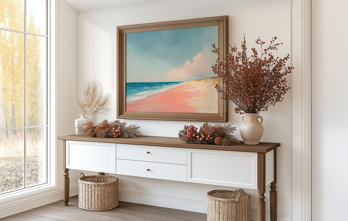 Pastel Pink Beach With Turquoise Sea Dreamy Coastal Oil Painting Poster - Image 3