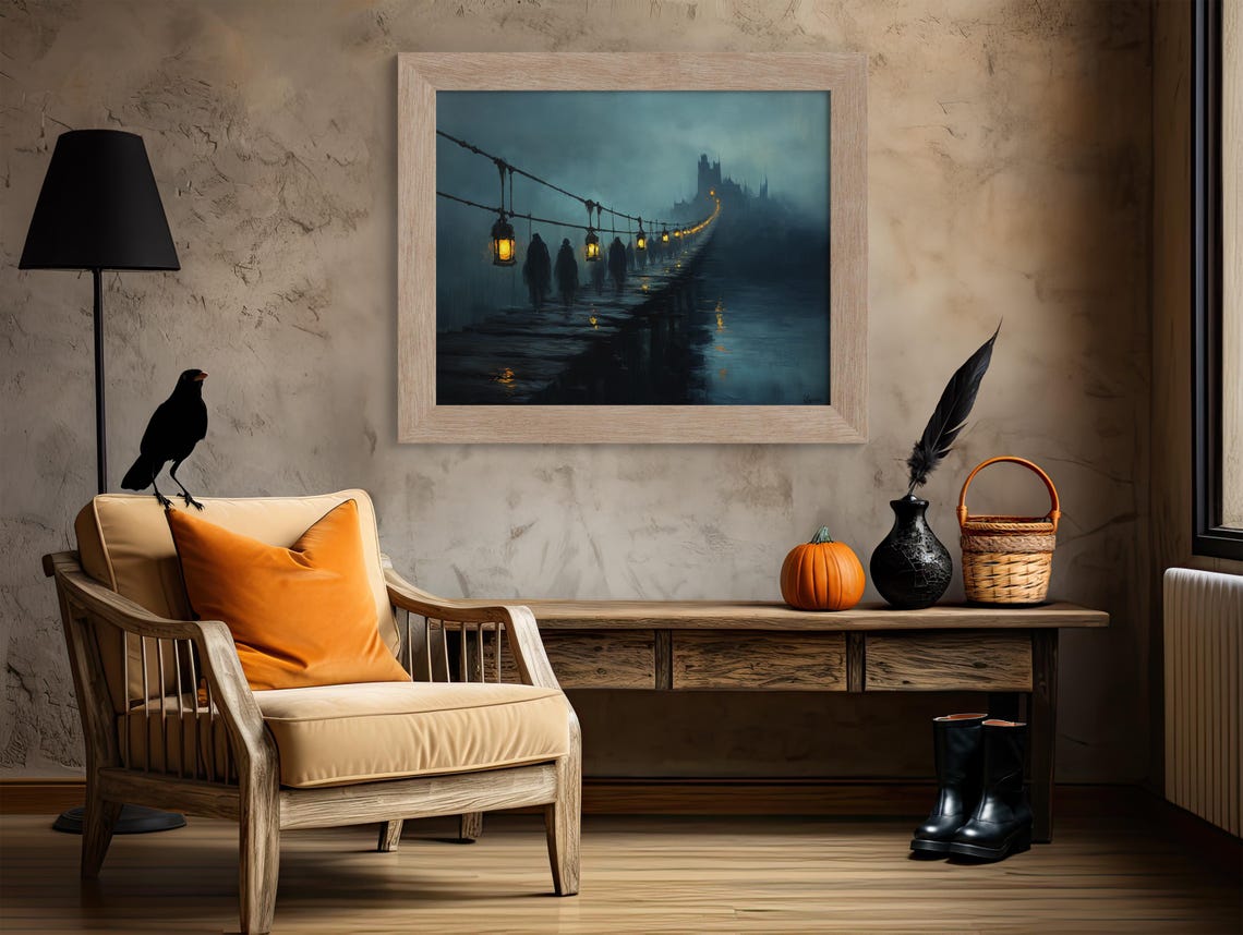 Ghostly Procession Crossing Misty Lantern Lit Bridge At Night Poster - Image 4