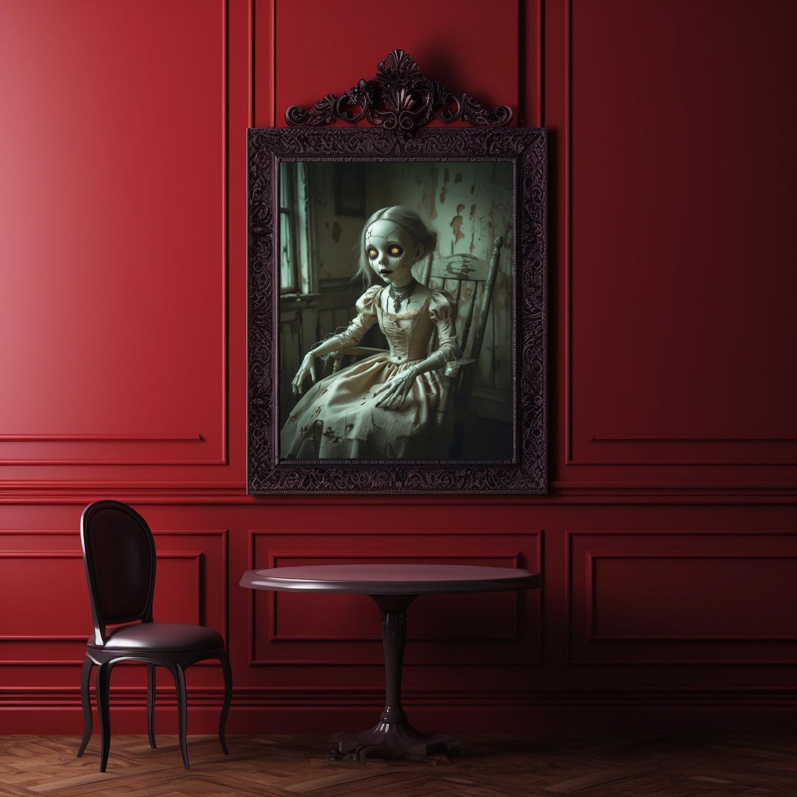 Cracked Porcelain Doll With Glowing Eyes Haunted Room Halloween Poster - Image 2
