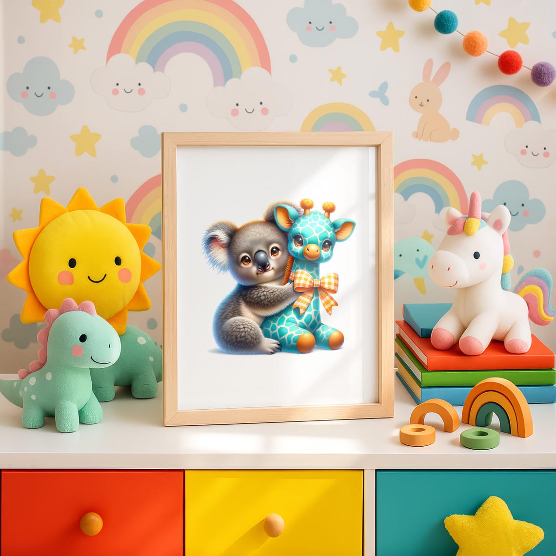 Baby Koala With Teal Toy Giraffe Cute Whimsical Nursery Poster - Image 4
