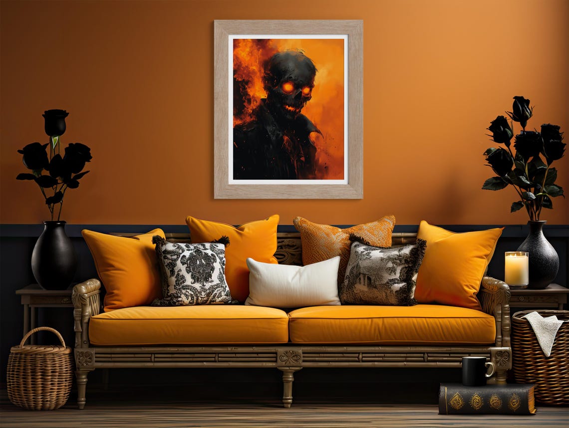 Flaming Skull Portrait With Glowing Eyes Dark Horror Halloween Poster - Image 2