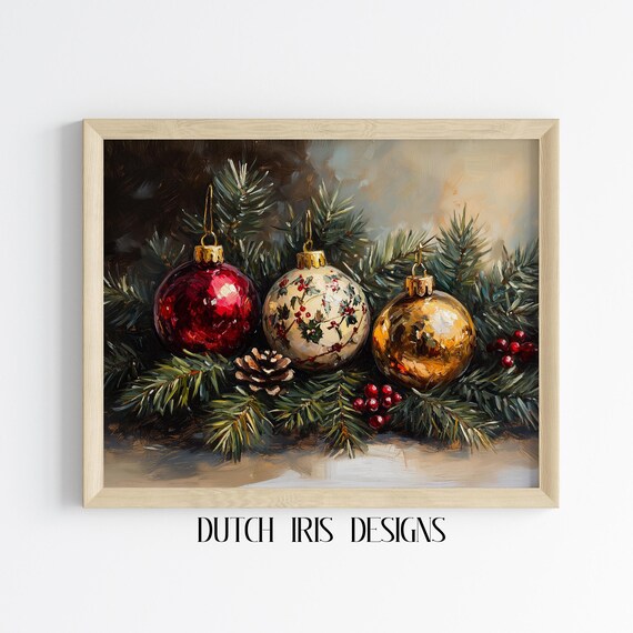 Vintage Christmas Ornaments Still Life on Pine Branches Poster