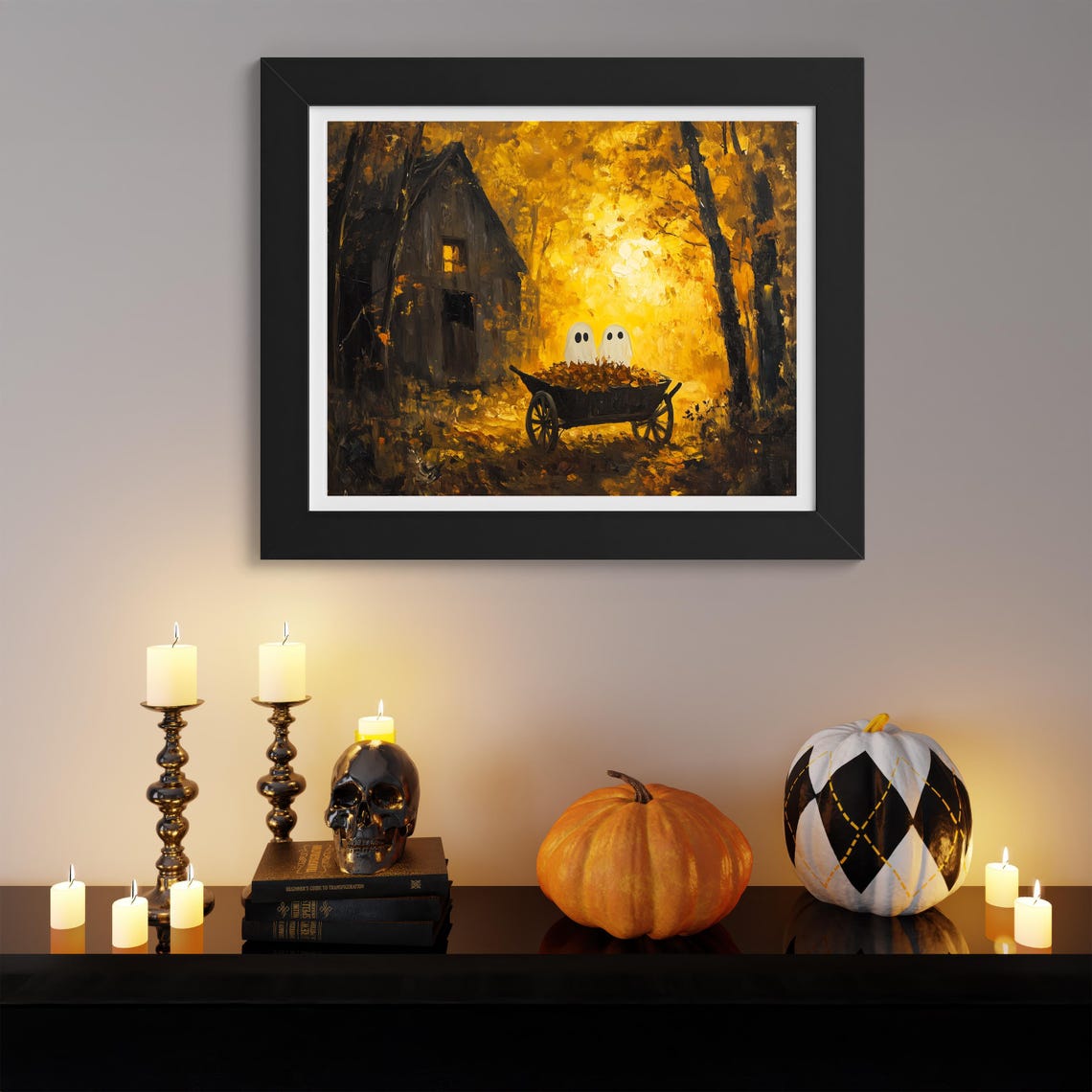 Cute Ghosts In Leaf Wheelbarrow Golden Autumn Farm Halloween Poster - Image 3