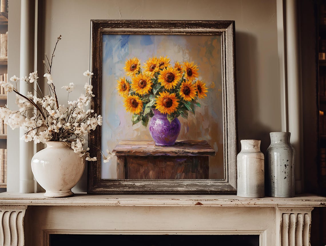 Bright Sunflowers In Purple Vase Rustic Impressionist Floral Poster - Image 3