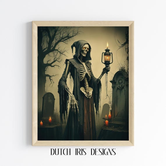 Spooky Halloween Skeleton Art Gothic Decor Dark Robes And Lantern Moody Fall Wall Creepy Graveyard Scene Print 550