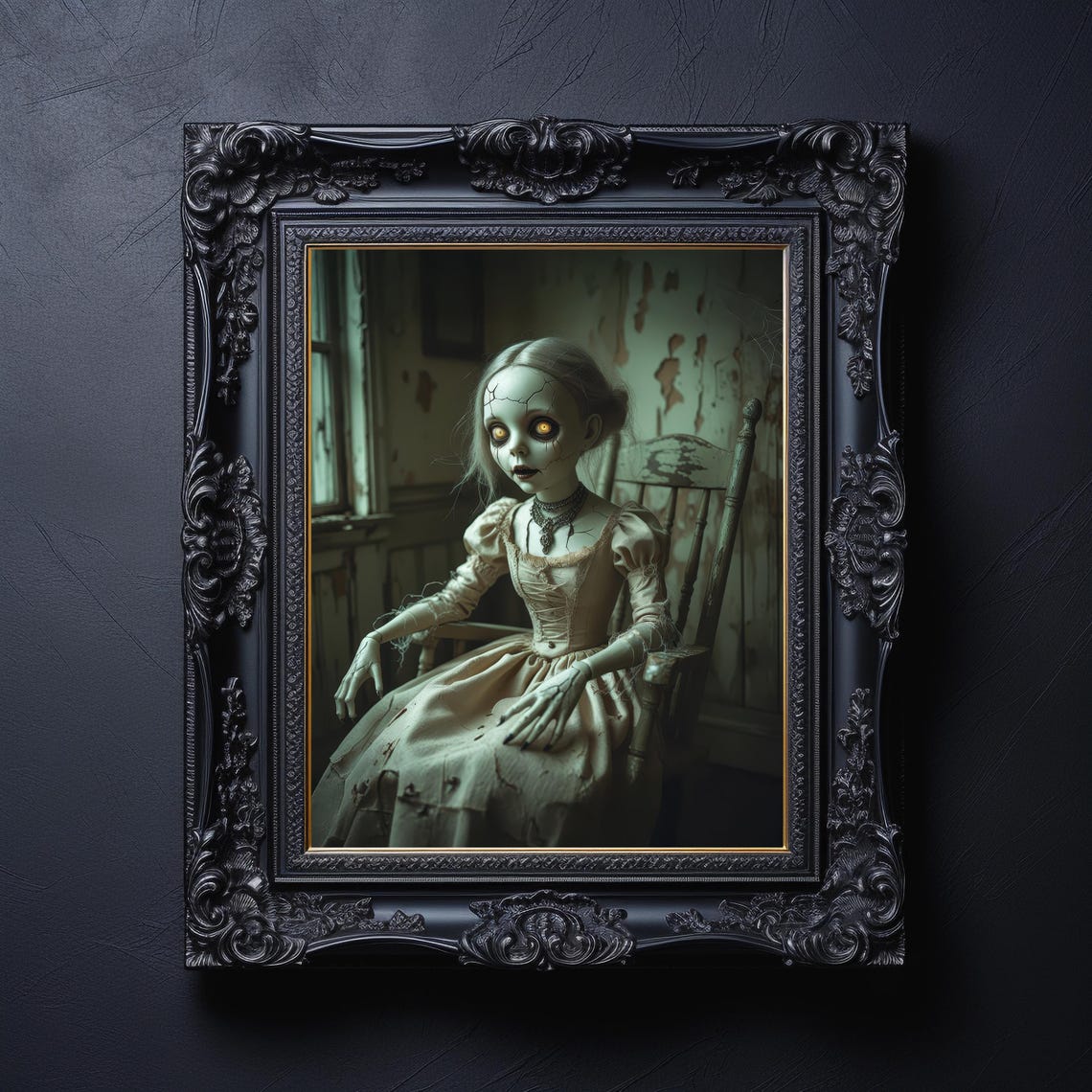 Cracked Porcelain Doll With Glowing Eyes Haunted Room Halloween Poster - Image 4