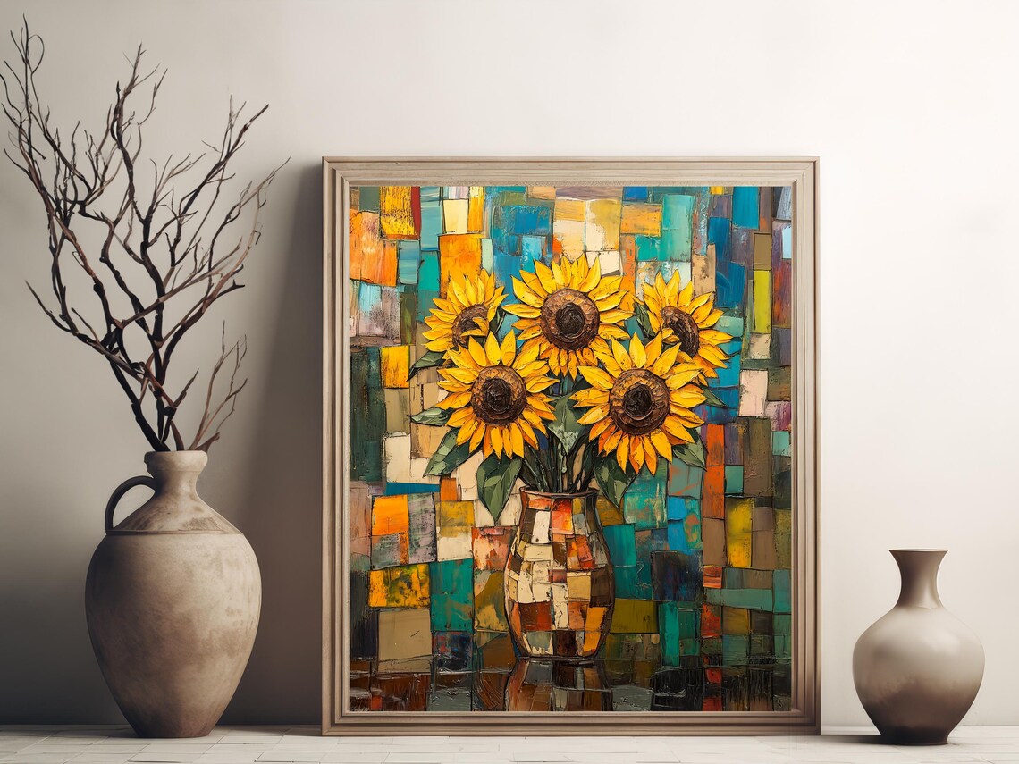 Sunflower Bouquet In Mosaic Vase Cubist Colorful Floral Poster - Image 3