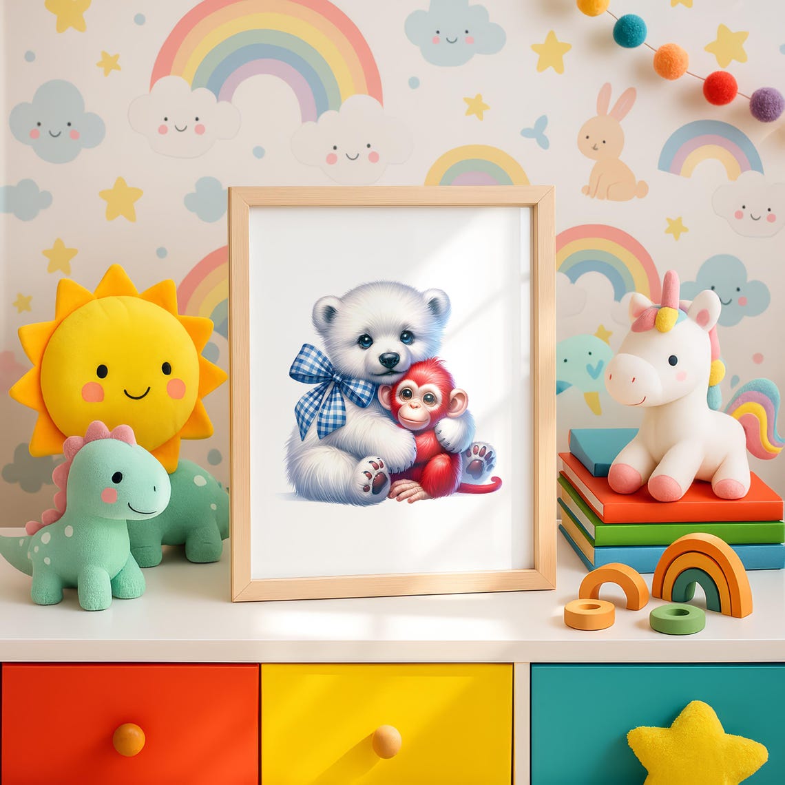 White Polar Bear Cub With Red Monkey Adorable Nursery Poster - Image 4