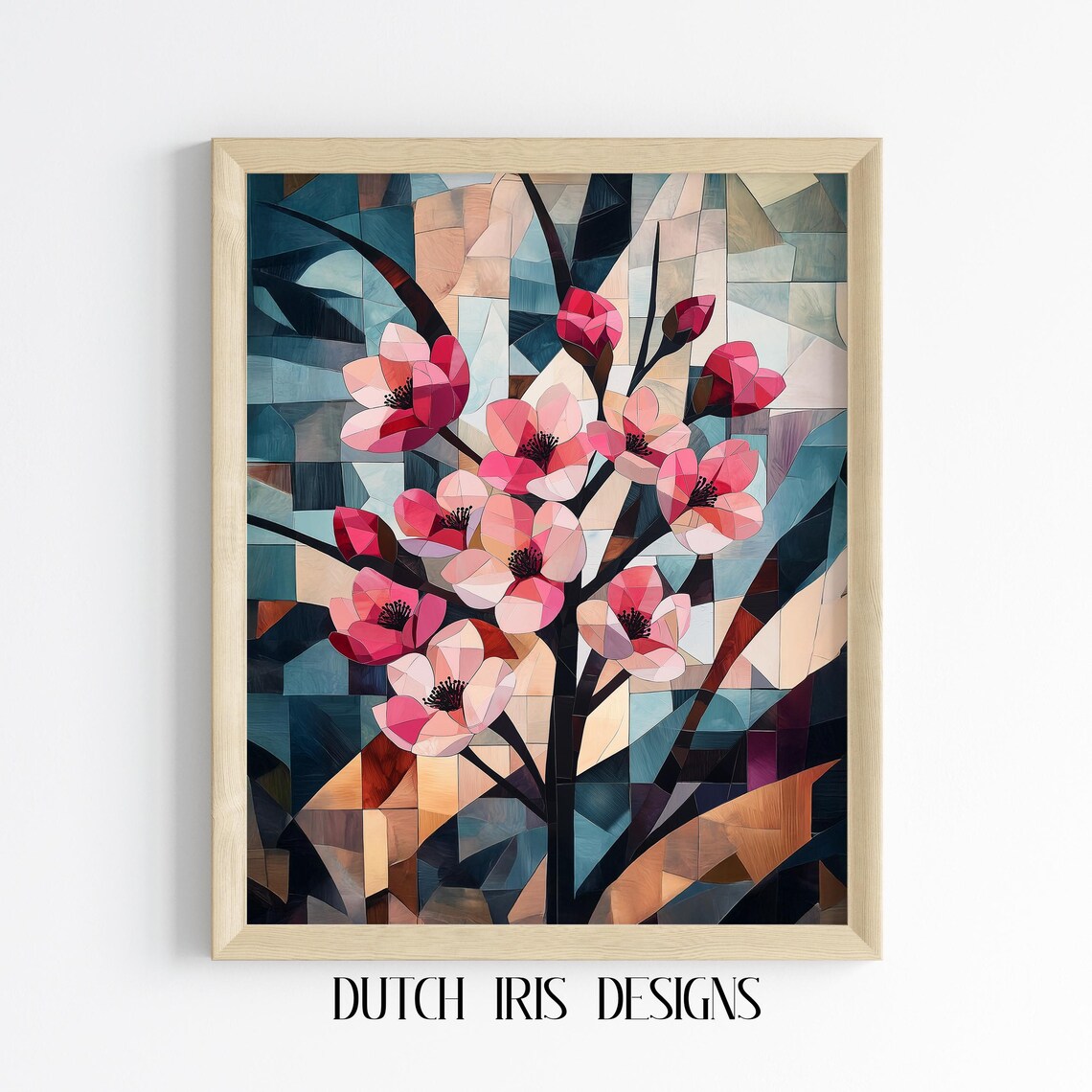 Cubist Cherry Blossom Branches Geometric Pink Floral Painting Poster
