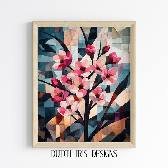 Abstract Cherry Blossom Tree Cubist Painting Modern Floral Art Geometric Wall Decor Spring Print Unique 606