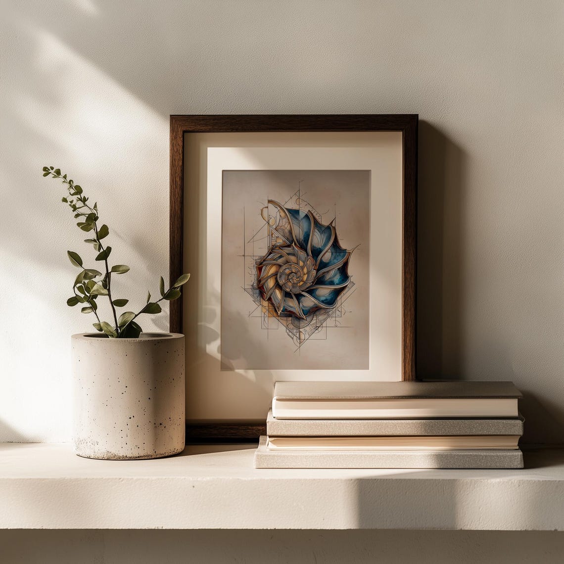 Spiral Seashell With Blueprint Geometry Elegant Nautical Wall Poster - Image 2