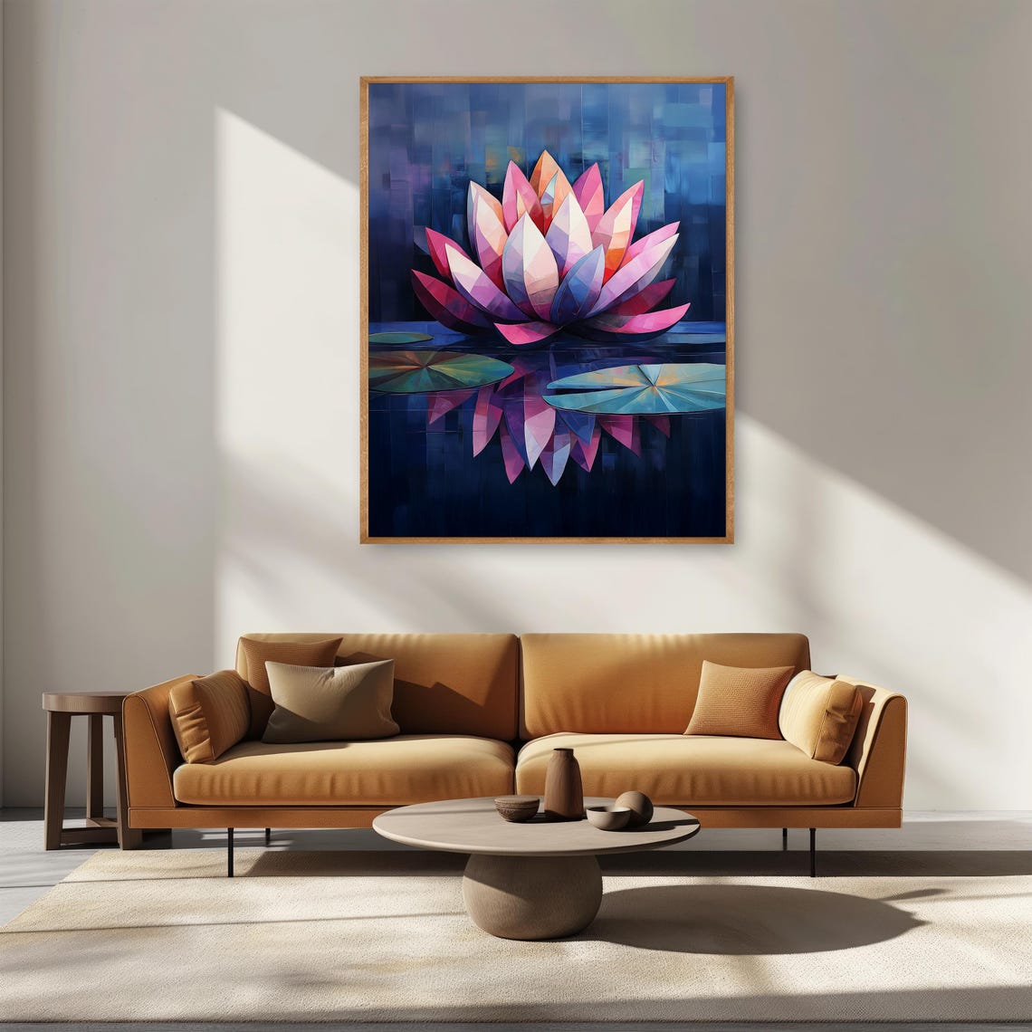 Geometric Pink Water Lily On Midnight Blue Pond Floral Poster - Image 4