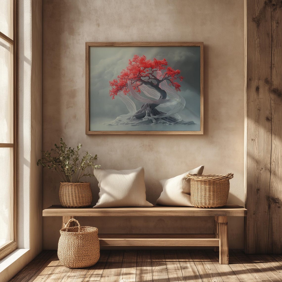 Crimson Leaf Bonsai Tree Wrapped In Flowing White Silk Art Poster - Image 4