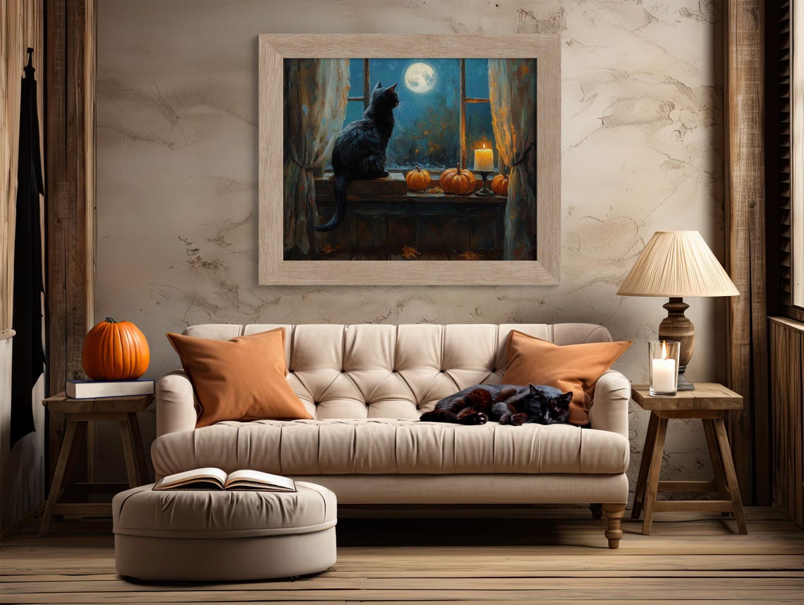 Black Cat On Windowsill Watching Full Moon Pumpkins Candle Poster - Image 2