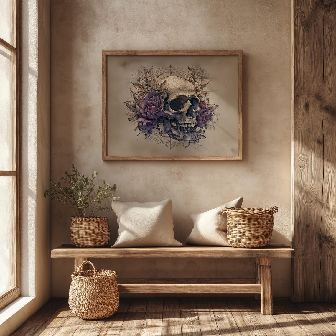 Skull With Purple Roses Circular Linework Gothic Botanical Poster - Image 4