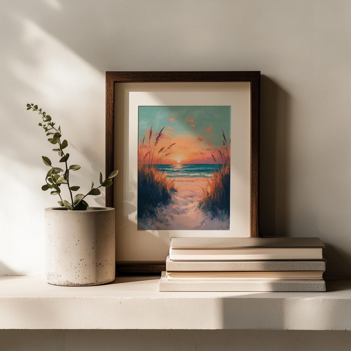 Sunset Beach Path Through Golden Dunes Serene Ocean View Art Poster - Image 2